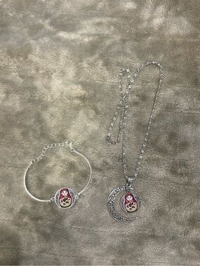 Matryoshka Pendant Necklace and Bracelet Set - Silver with Red Accents